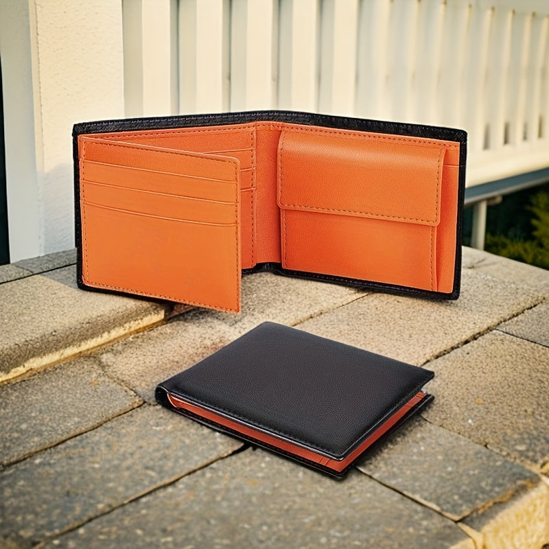 Men's Full Grain Leather Wallet, Black and Orange