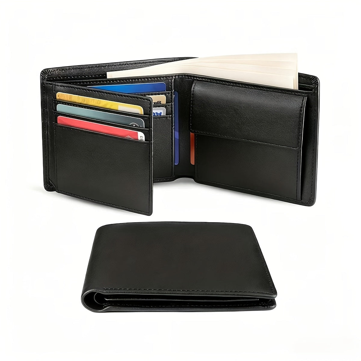 Men's Full Grain Leather Wallet, Black and Orange