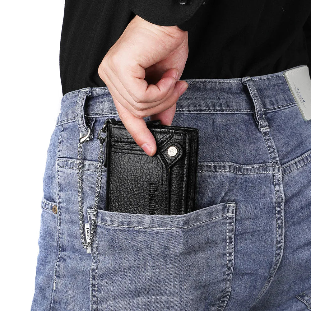 Men's PU Leather Wallet with Zipper Chain, Large Capacity, Multifunctional
