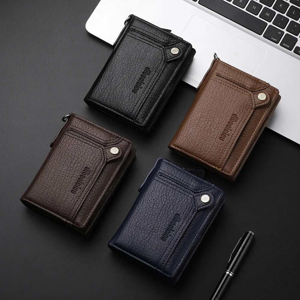 Men's PU Leather Wallet with Zipper Chain, Large Capacity, Multifunctional