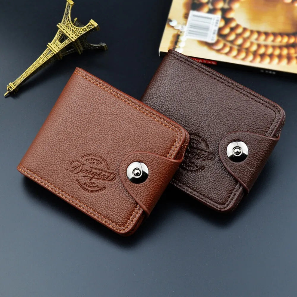 Compact PU Leather Wallet for Men with Snap Closure and Large Capacity