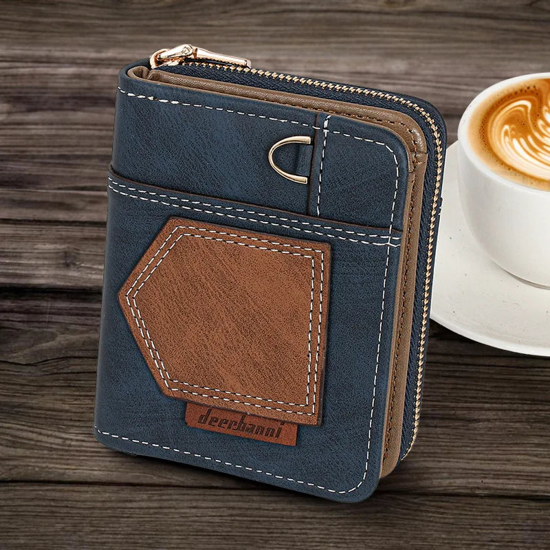 Compact PU Leather Patchwork Wallet with Zip and Foldable Flap