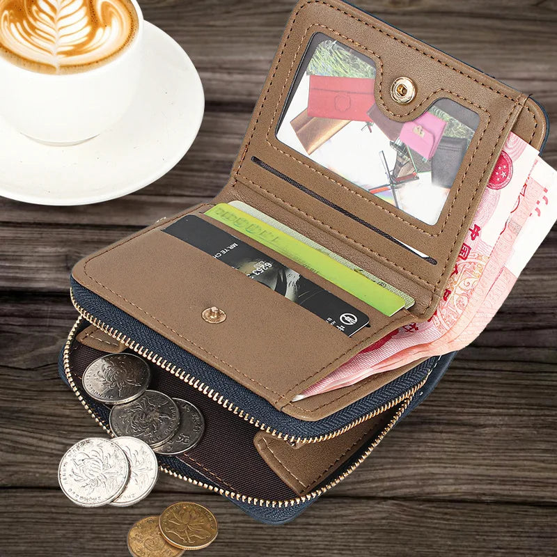 Compact PU Leather Patchwork Wallet with Zip and Foldable Flap