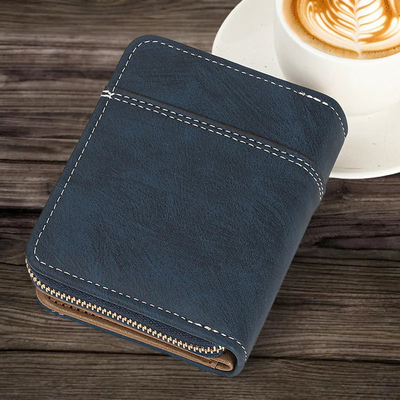 Compact PU Leather Patchwork Wallet with Zip and Foldable Flap