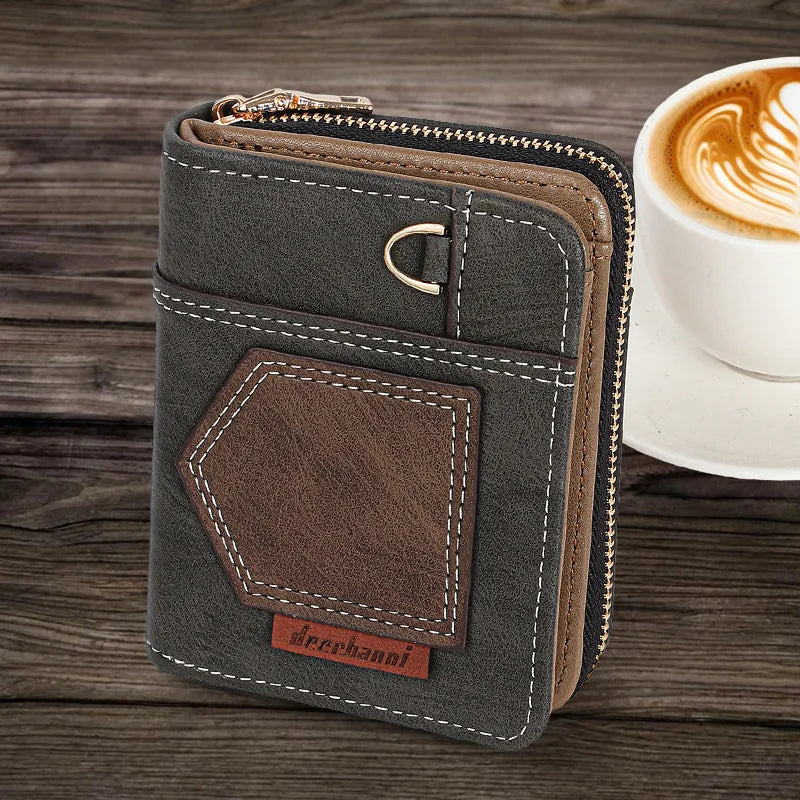 Compact PU Leather Patchwork Wallet with Zip and Foldable Flap