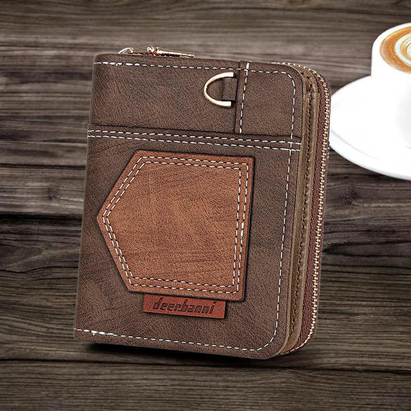 Compact PU Leather Patchwork Wallet with Zip and Foldable Flap