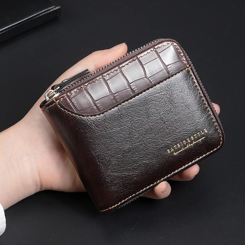 Compact Men's PU Leather Wallet with RFID Zip and Multi-Card Holder