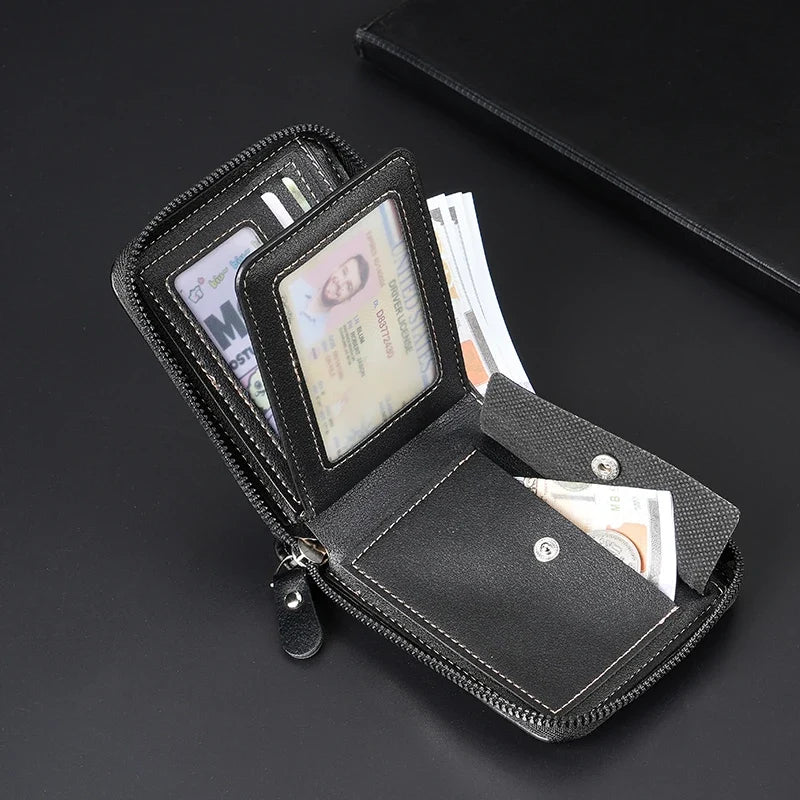 Compact Men's PU Leather Wallet with RFID Zip and Multi-Card Holder