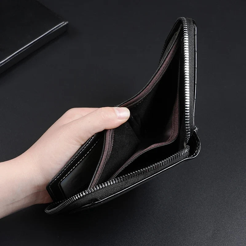 Compact Men's PU Leather Wallet with RFID Zip and Multi-Card Holder
