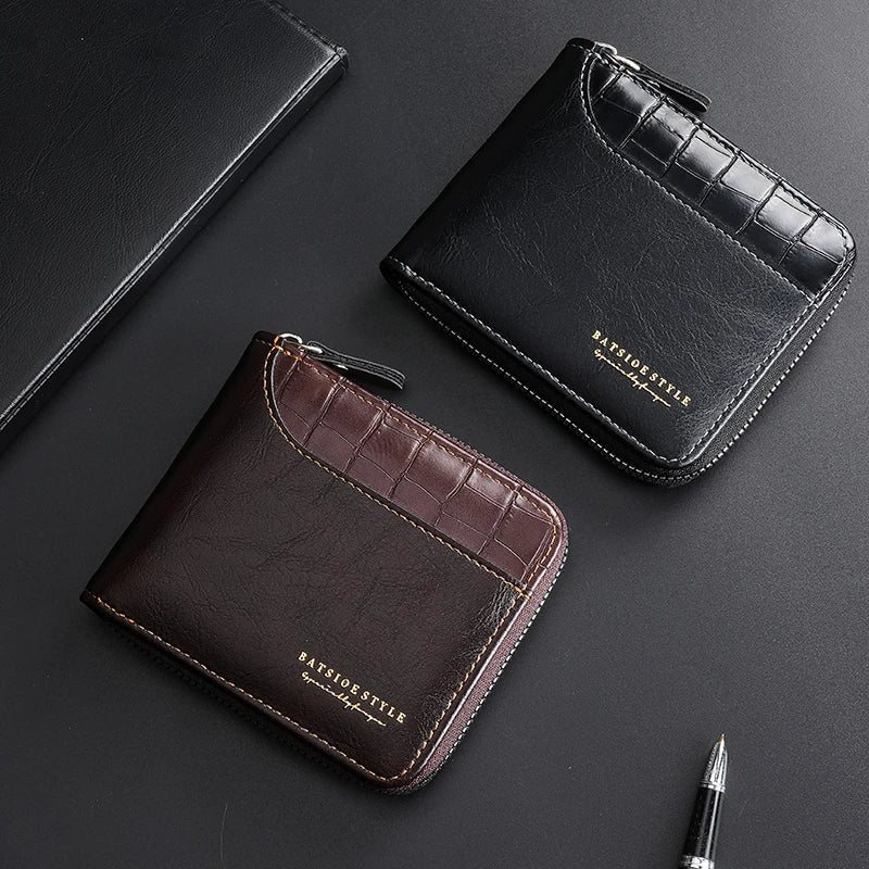 Compact Men's PU Leather Wallet with RFID Zip and Multi-Card Holder