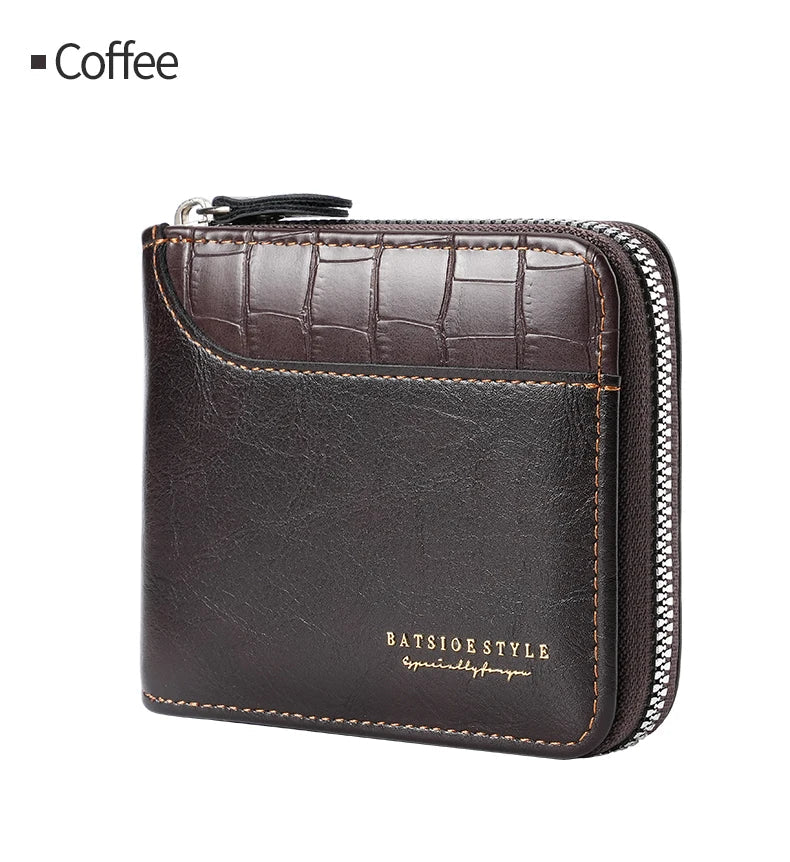 Compact Men's PU Leather Wallet with RFID Zip and Multi-Card Holder