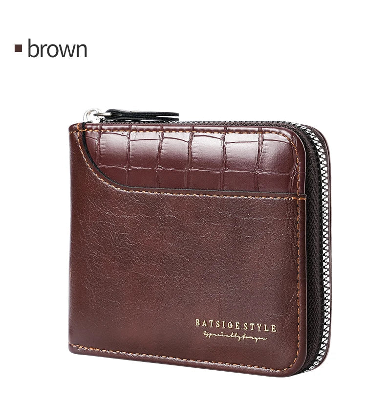 Compact Men's PU Leather Wallet with RFID Zip and Multi-Card Holder