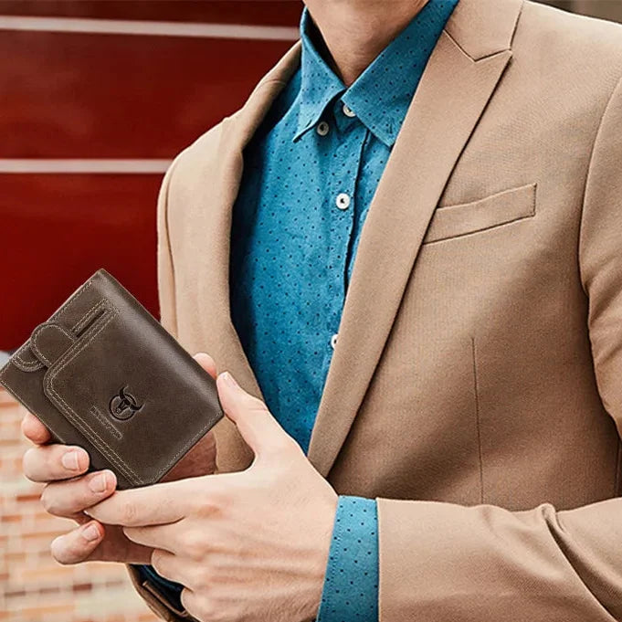 Men's Compact Multifunctional Genuine Leather RFID Wallet with Flap and Zip