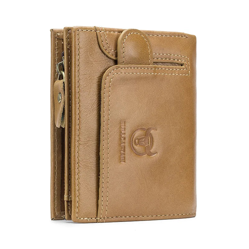 Men's Compact Multifunctional Genuine Leather RFID Wallet with Flap and Zip