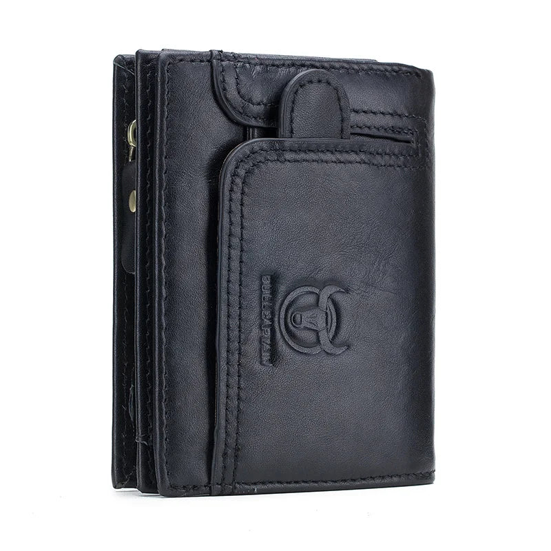 Men's Compact Multifunctional Genuine Leather RFID Wallet with Flap and Zip