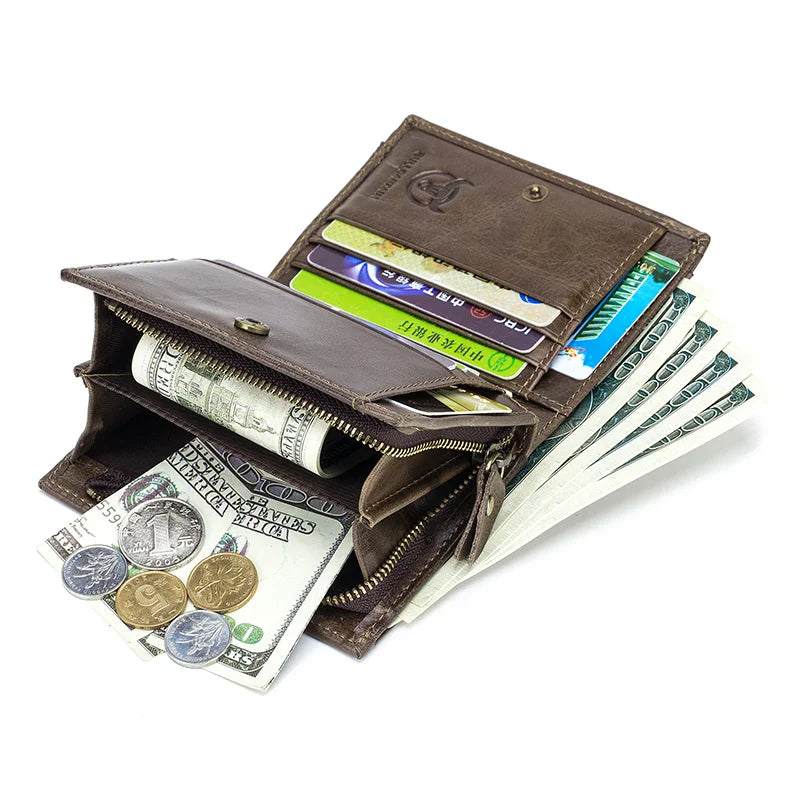 Men's Compact Multifunctional Genuine Leather RFID Wallet with Flap and Zip