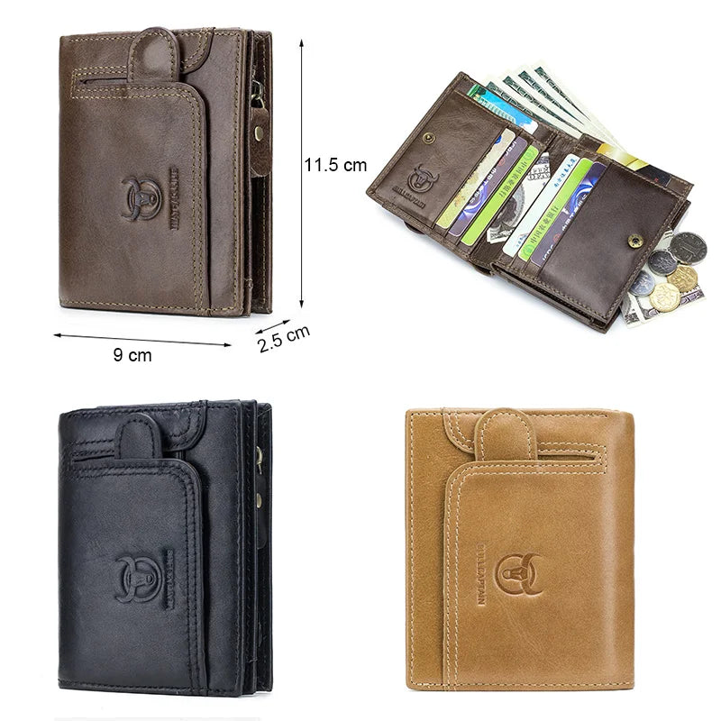 Men's Compact Multifunctional Genuine Leather RFID Wallet with Flap and Zip