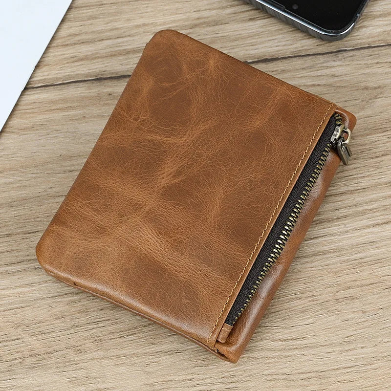 Men's Vintage Genuine Leather RFID Wallet with Zip and Compact Card Holder