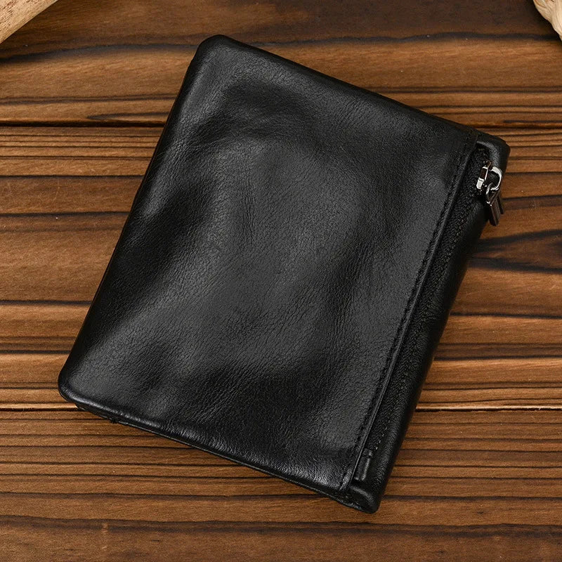 Men's Vintage Genuine Leather RFID Wallet with Zip and Compact Card Holder