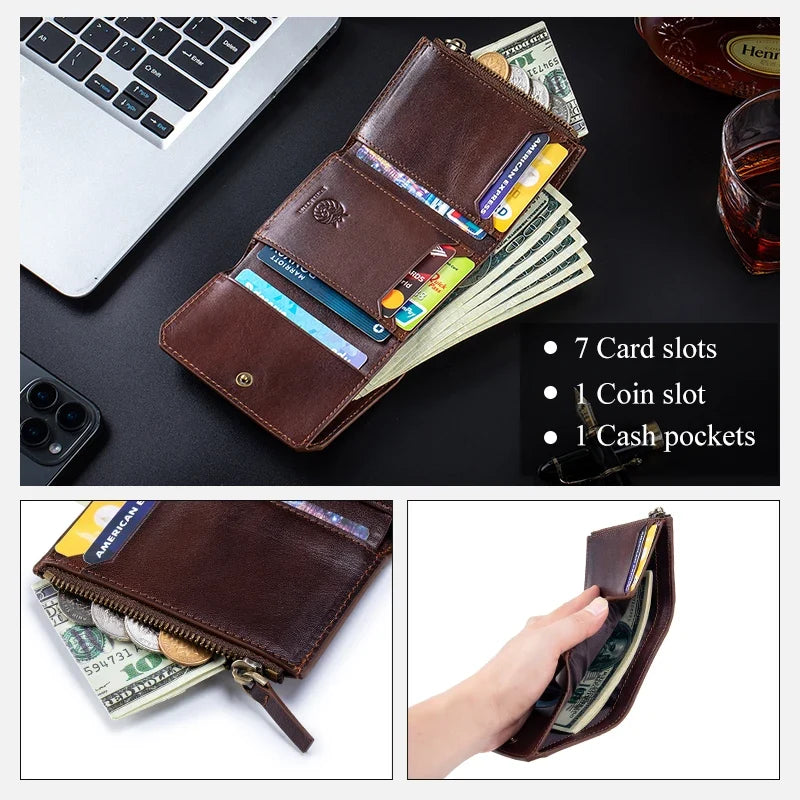 Men's Genuine Leather Trifold Wallet with RFID, Snap Closure and Zipper Pocket