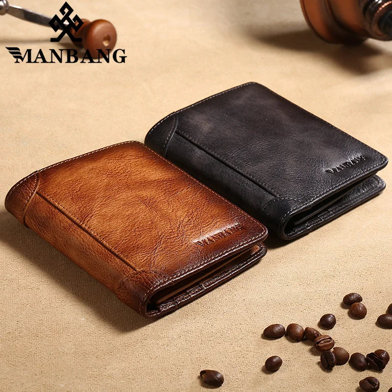 Men's Genuine Leather Trifold RFID Wallet with Card Holder and ID Window