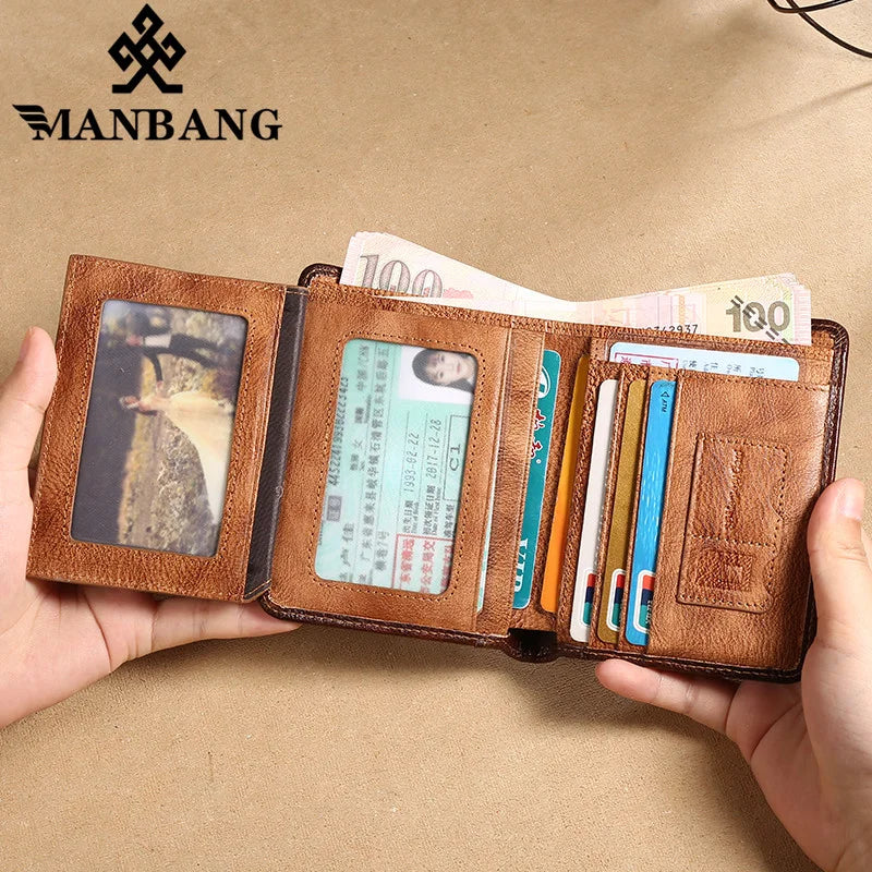 Men's Genuine Leather Trifold RFID Wallet with Card Holder and ID Window