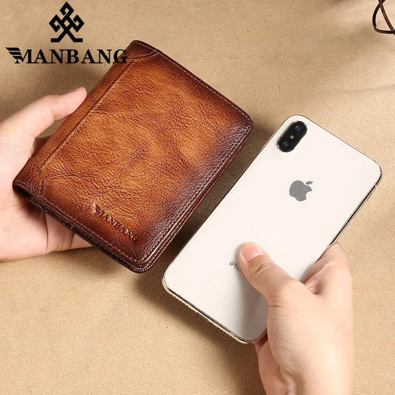 Men's Genuine Leather Trifold RFID Wallet with Card Holder and ID Window