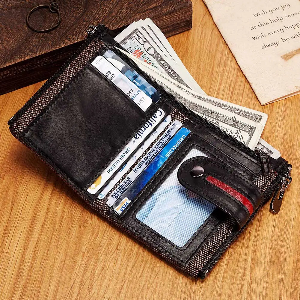 Genuine Leather Wallet for Men with RFID Protection and Zip Closure – Short Model