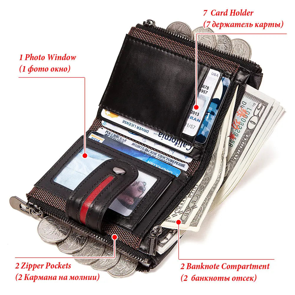 Genuine Leather Wallet for Men with RFID Protection and Zip Closure – Short Model