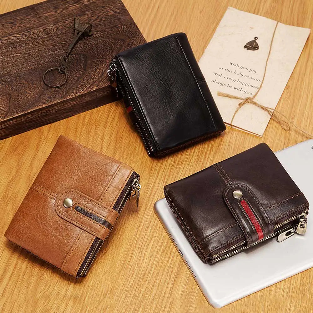 Genuine Leather Wallet for Men with RFID Protection and Zip Closure – Short Model