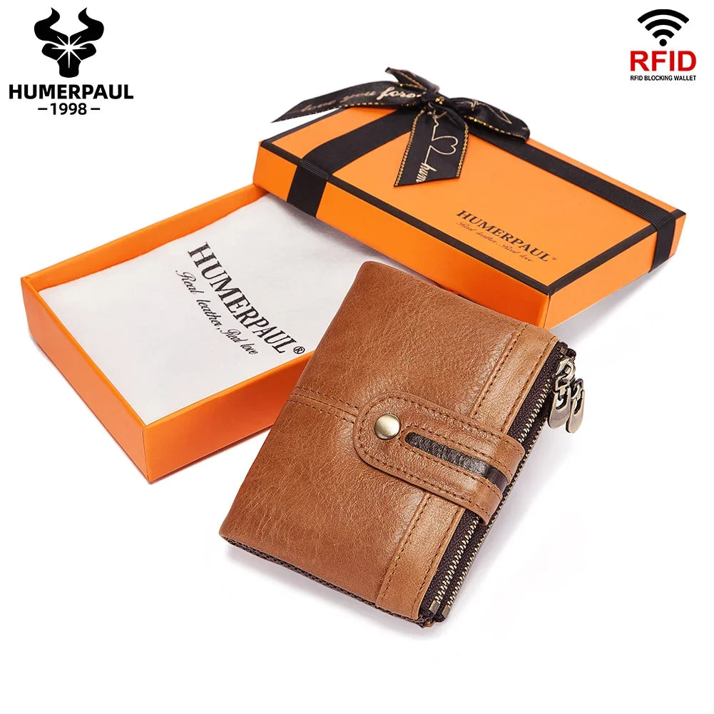 Genuine Leather Wallet for Men with RFID Protection and Zip Closure – Short Model