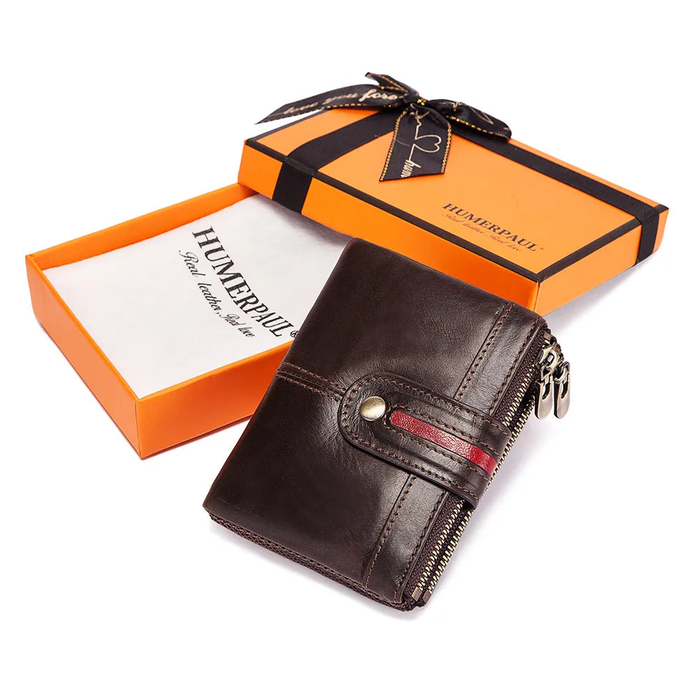 Genuine Leather Wallet for Men with RFID Protection and Zip Closure – Short Model