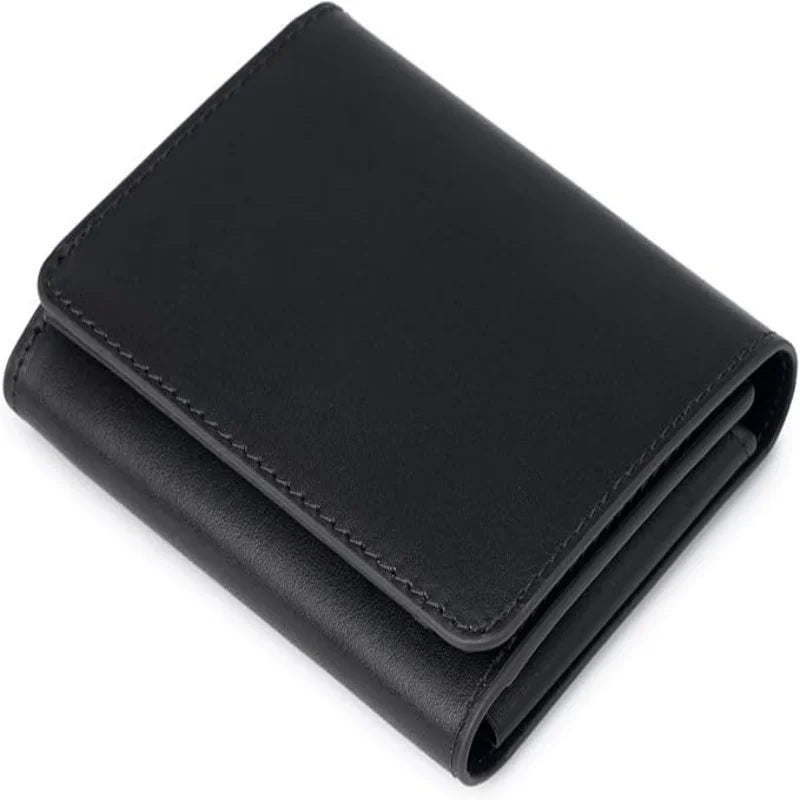 Men's Genuine Leather Compact Trifold Wallet with Snap Coin Pocket