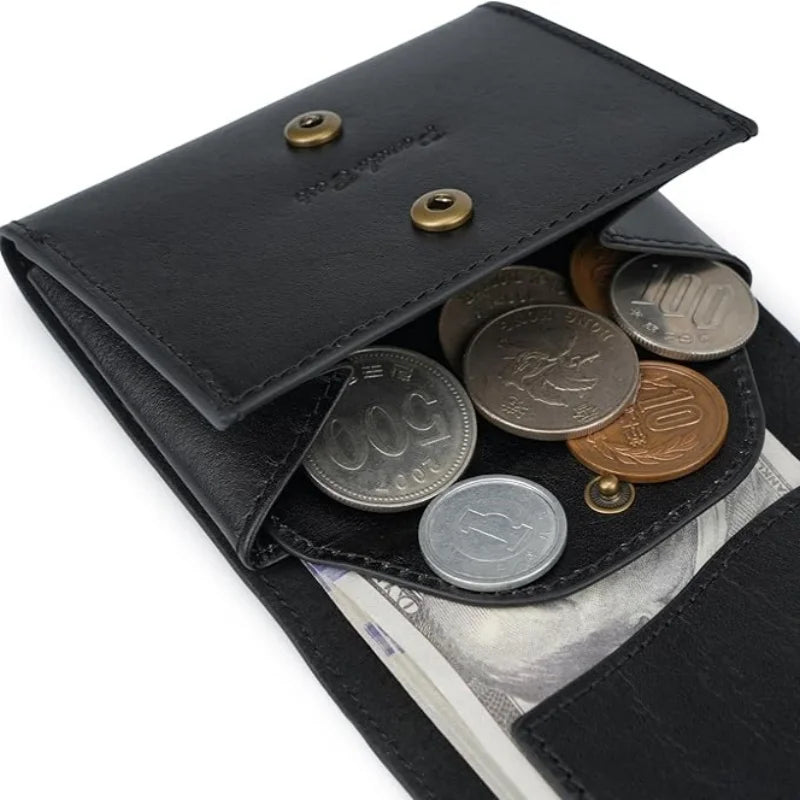 Men's Genuine Leather Compact Trifold Wallet with Snap Coin Pocket