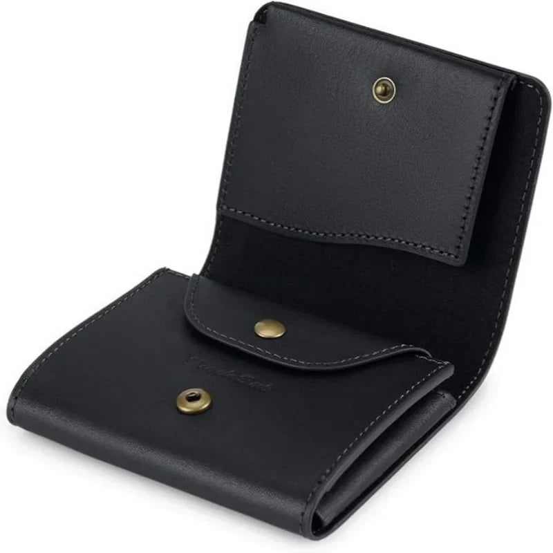 Men's Genuine Leather Compact Trifold Wallet with Snap Coin Pocket