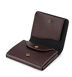 Men's Genuine Leather Compact Trifold Wallet with Snap Coin Pocket