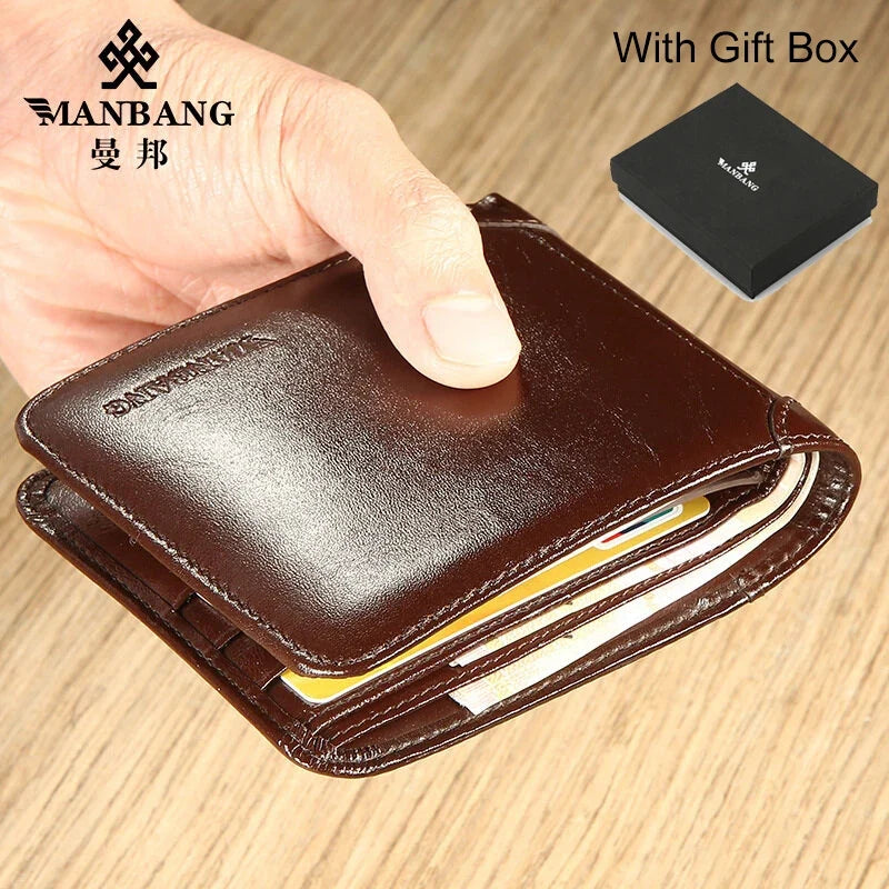 Men's Genuine Leather Compact Trifold Wallet with Card Holder