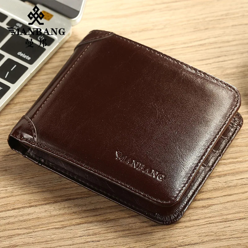 Men's Genuine Leather Compact Trifold Wallet with Card Holder