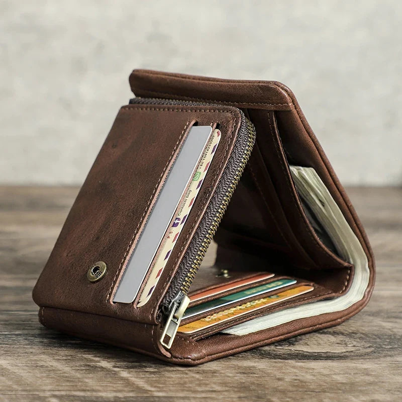 Men's Genuine Leather Compact Trifold Wallet with RFID and Zippered Coin Pocket
