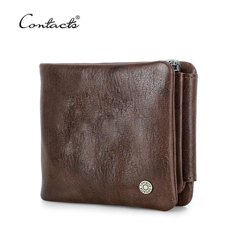Men's Genuine Leather Compact Trifold Wallet with RFID and Zippered Coin Pocket Image