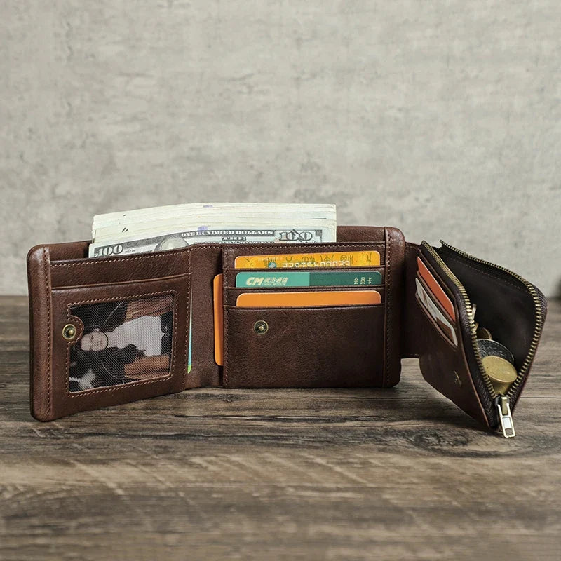 Men's Genuine Leather Compact Trifold Wallet with RFID and Zippered Coin Pocket Image