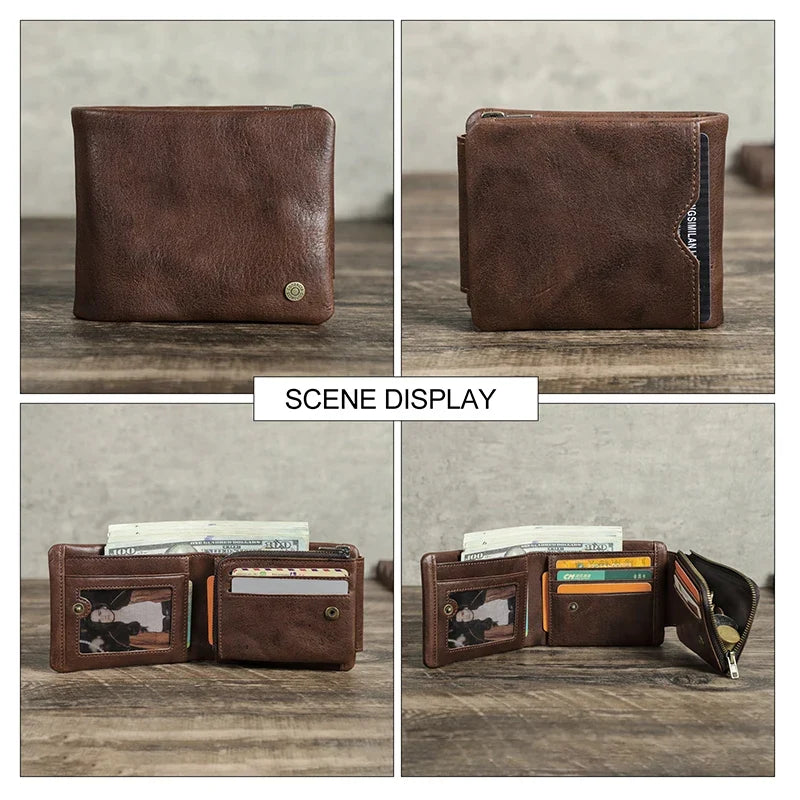 Men's Genuine Leather Compact Trifold Wallet with RFID and Zippered Coin Pocket