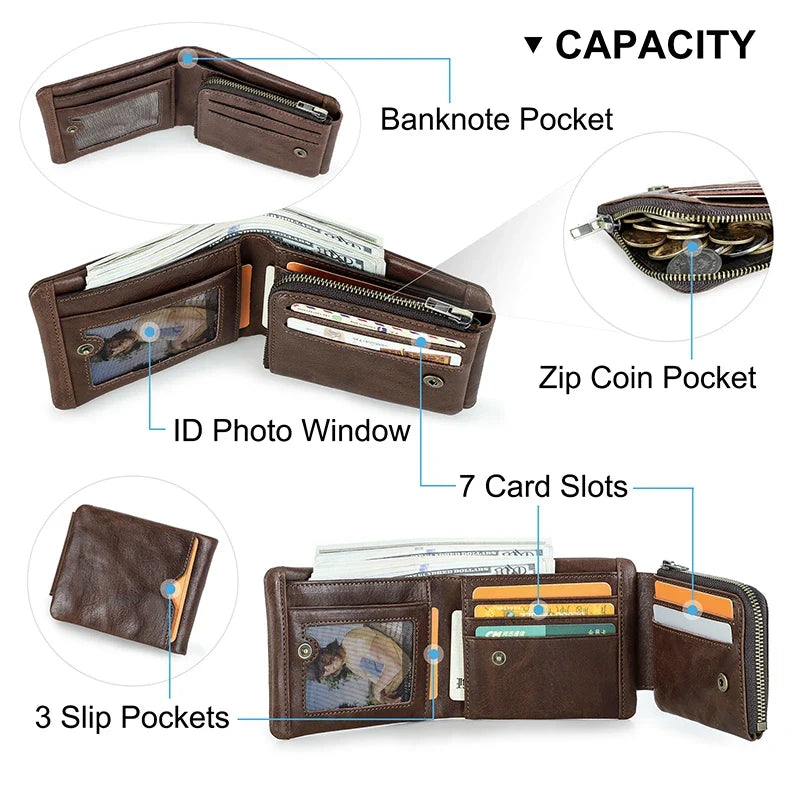 Men's Genuine Leather Compact Trifold Wallet with RFID and Zippered Coin Pocket