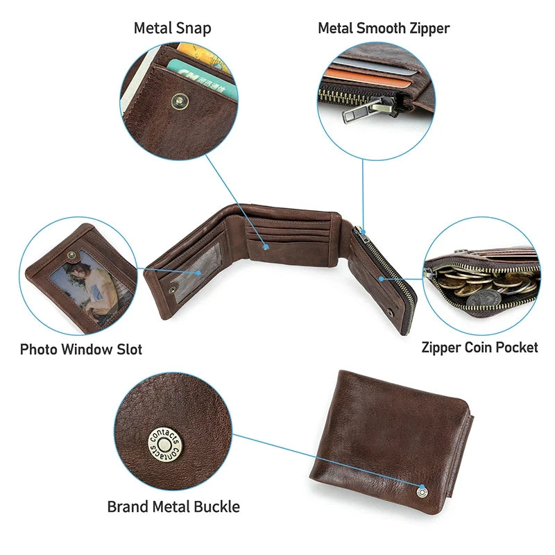 Men's Genuine Leather Compact Trifold Wallet with RFID and Zippered Coin Pocket