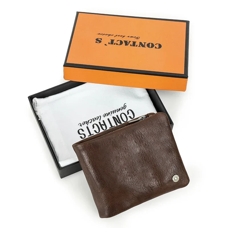 Men's Genuine Leather Compact Trifold Wallet with RFID and Zippered Coin Pocket