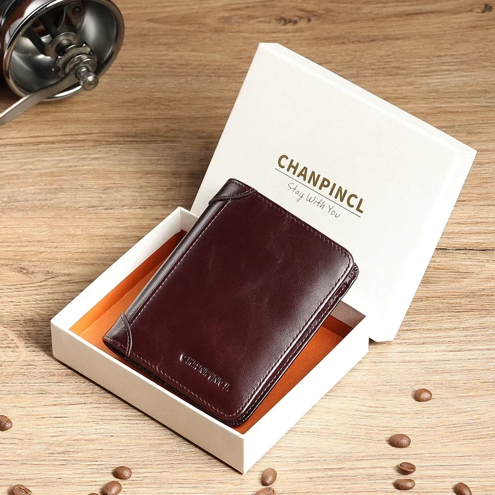 Men's Genuine Cowhide Leather Compact Trifold Wallet with Integrated RFID