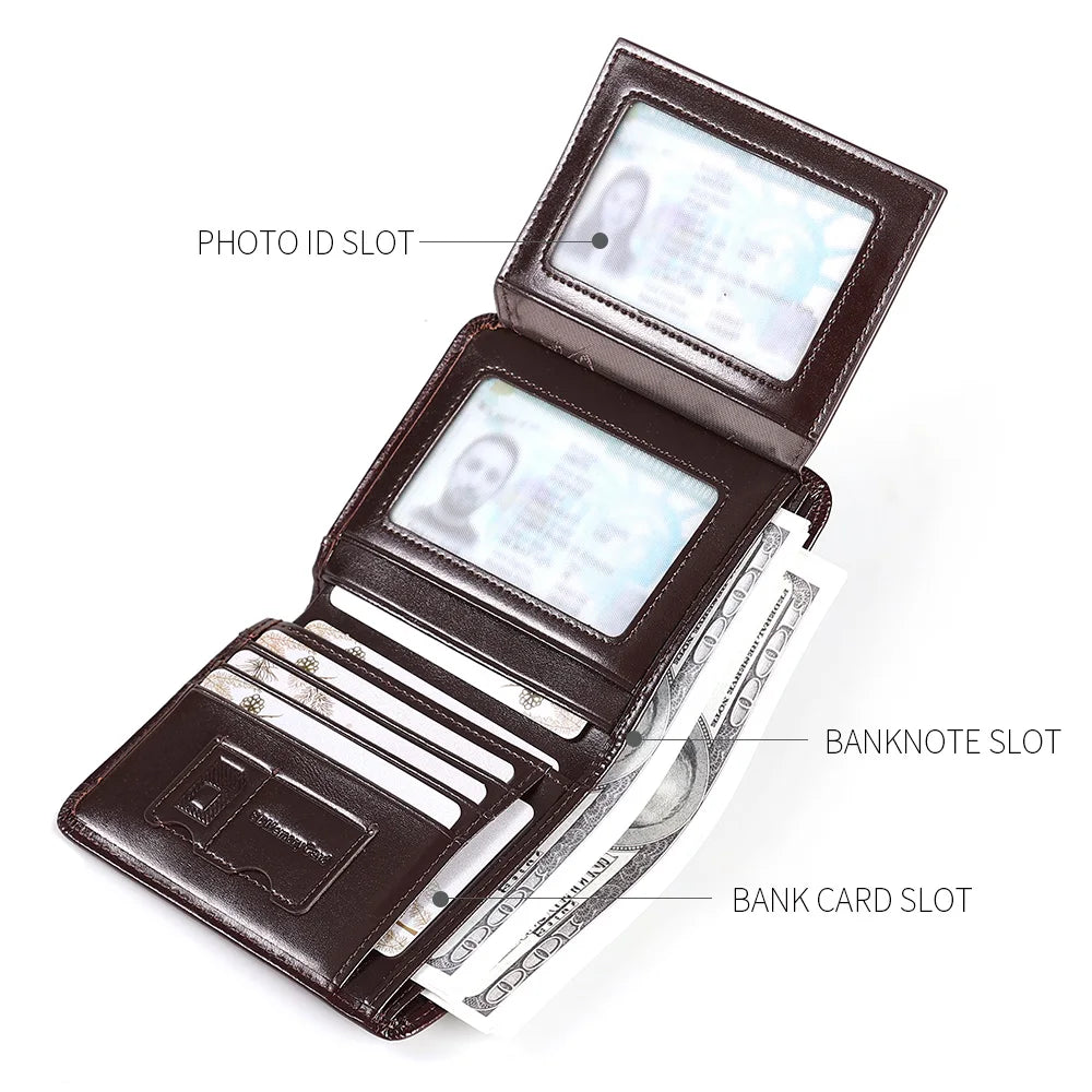 Men's Genuine Cowhide Leather Compact Trifold Wallet with Integrated RFID