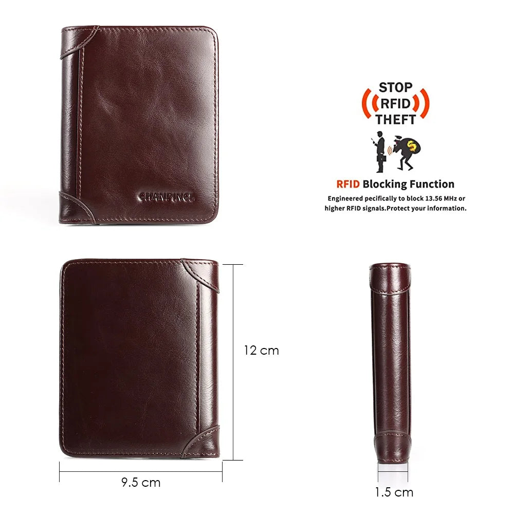 Men's Genuine Cowhide Leather Compact Trifold Wallet with Integrated RFID