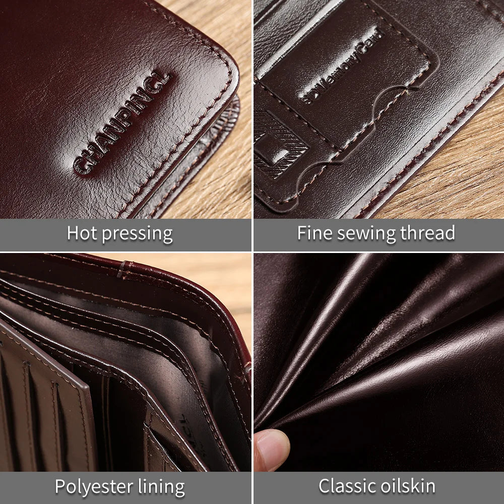 Men's Genuine Cowhide Leather Compact Trifold Wallet with Integrated RFID
