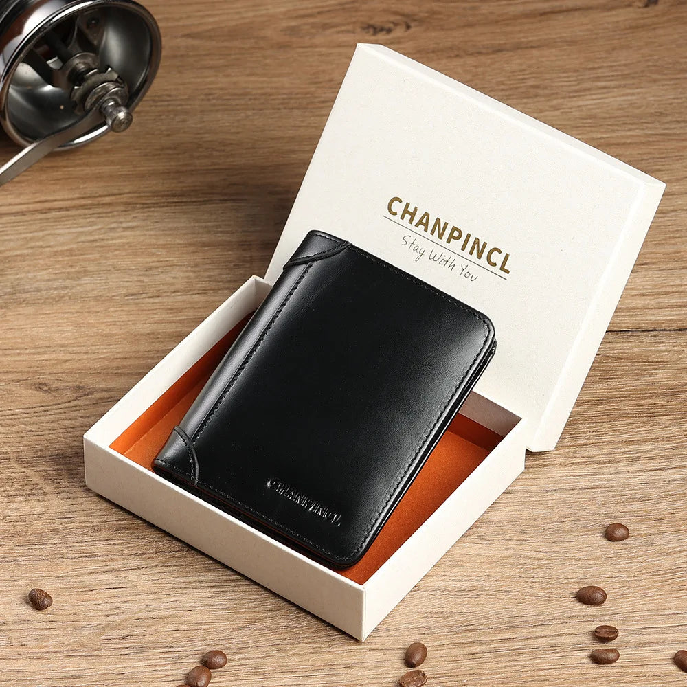 Men's Genuine Cowhide Leather Compact Trifold Wallet with Integrated RFID
